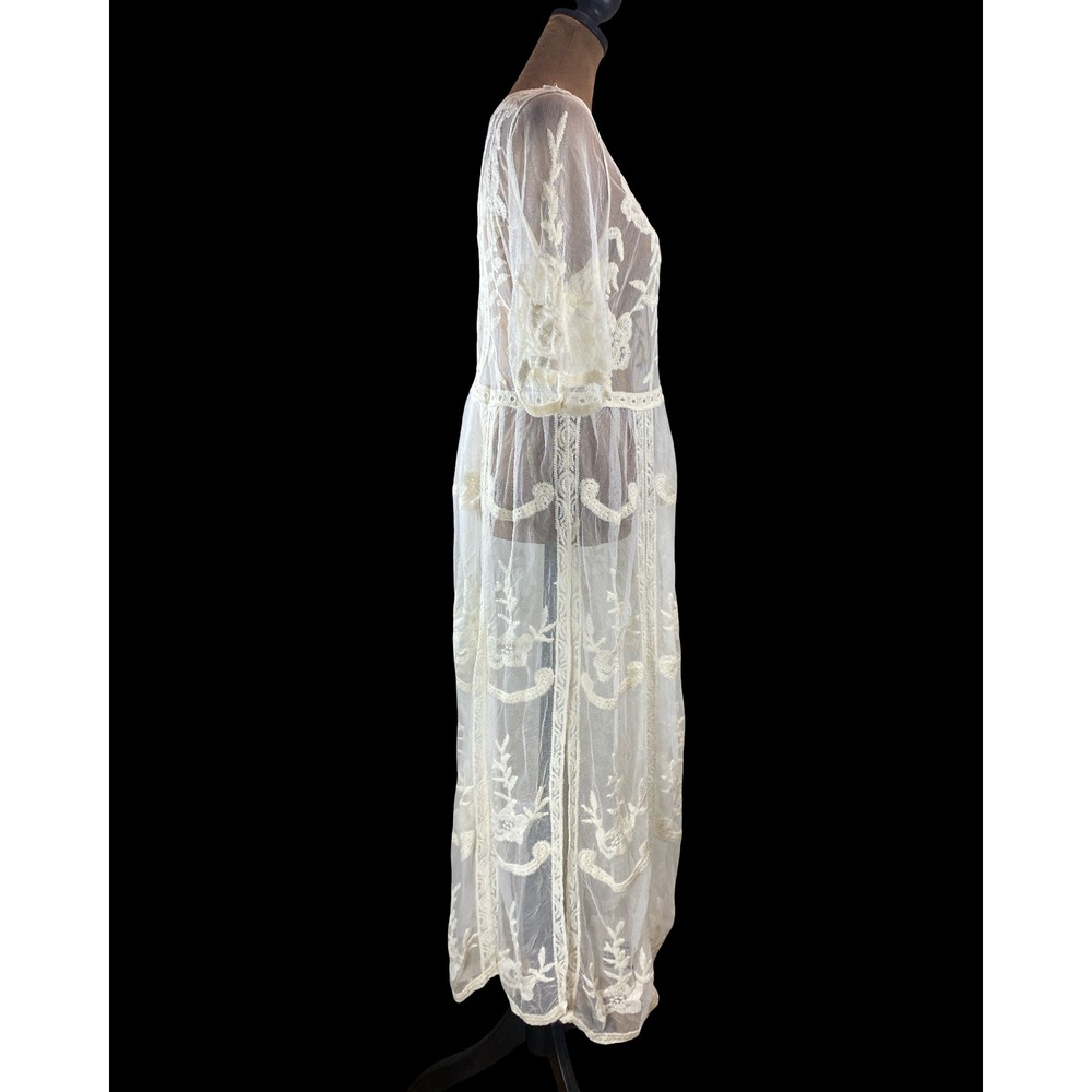 Woven Heart Ivory Floral Embroidered Sheer Mesh Maxi Dress Boho Duster Large - Picture 4 of 9